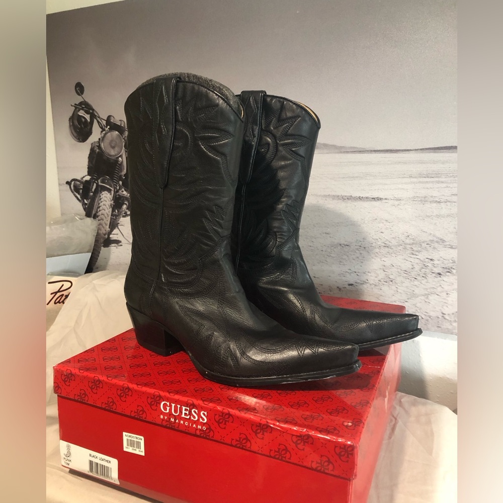 Guess Black Leather Western Cowboy Punk Boots Size 10